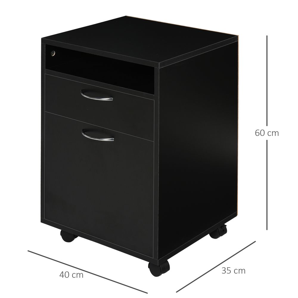60cm Storage Cabinet w/Drawer Open Shelf Metal Handles 4 Wheels Office Home Organiser Mobile Printer Black