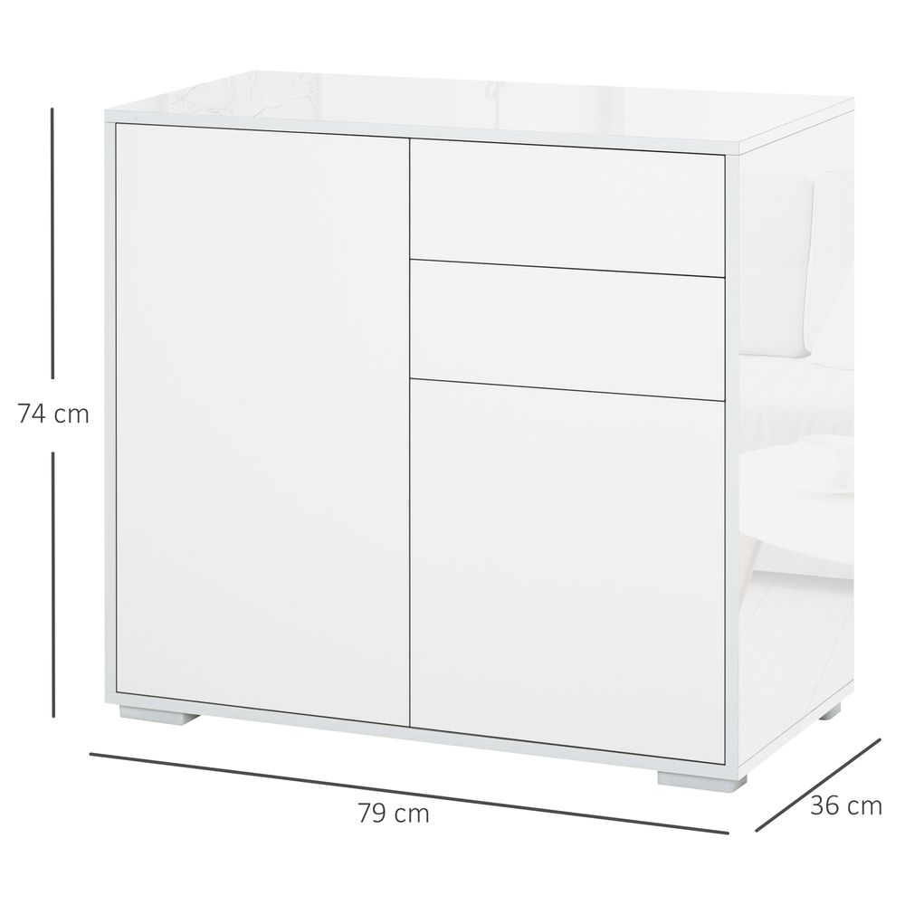 High Gloss Frame Sideboard, Side Cabinet, Push-Open Design with 2 Drawer for Living Room, Bedroom, White in White