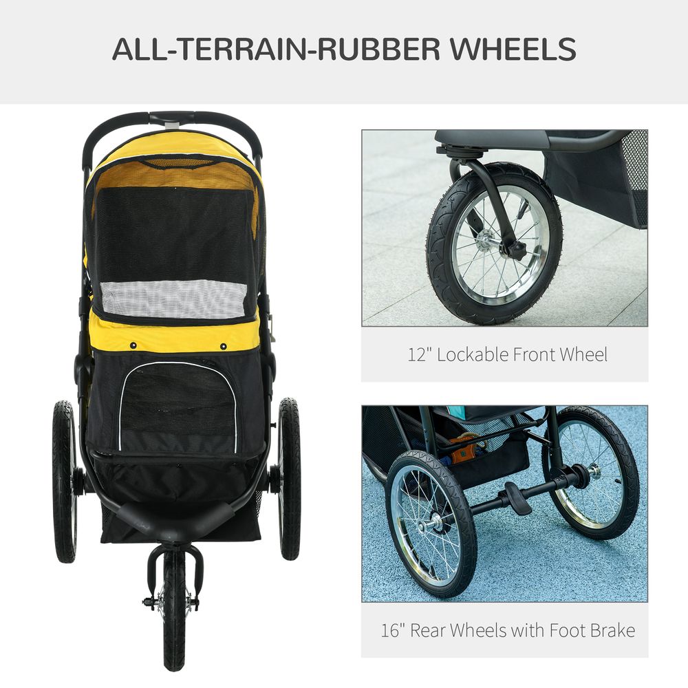 3 Wheel Pet Stroller - Yellow - Medium Small Dogs Cat Pram - Foldable & Stylish