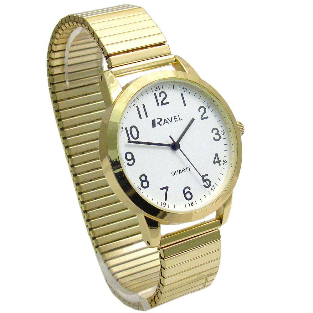 Mens Bold Number White Dial Gold Expander Bracelet Watch