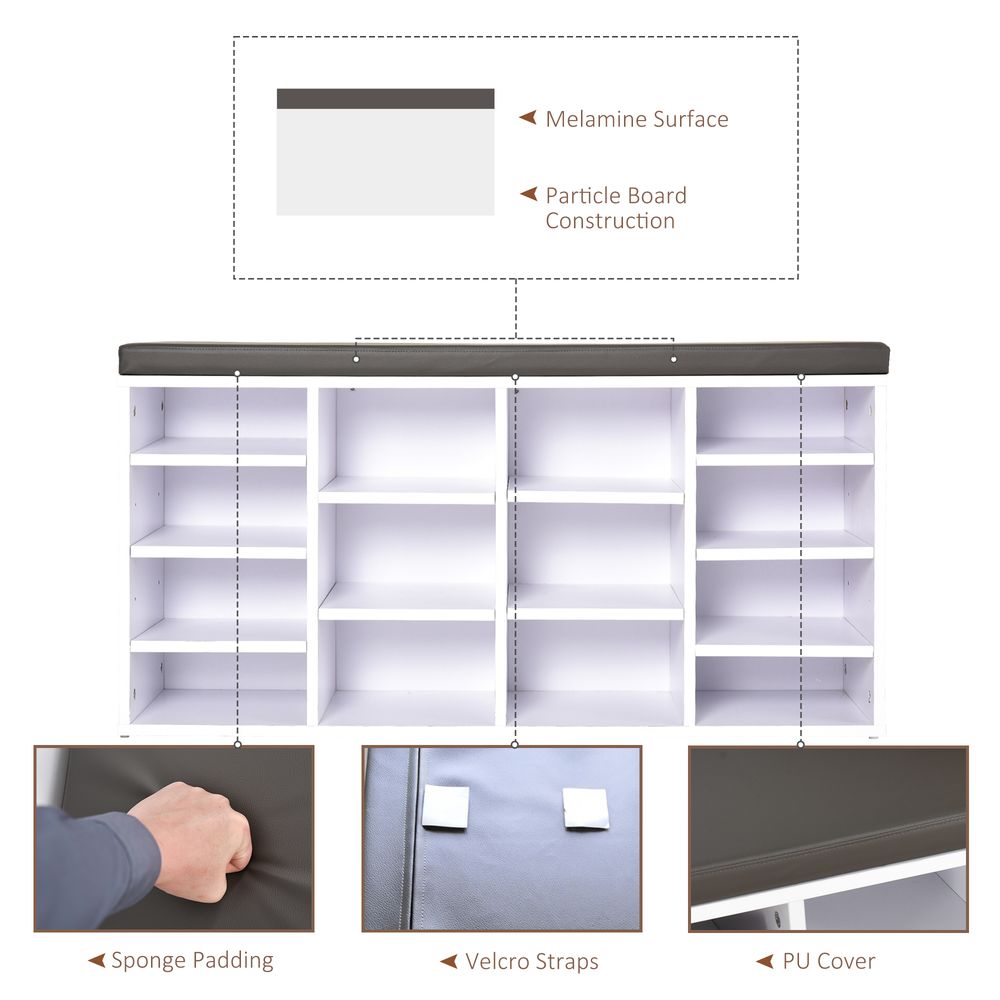 PU Leather Shoe Storage Bench - 14 Compartments, Brown and White