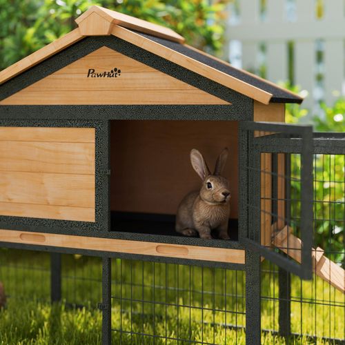 Rabbit Hutch Outdoor with Steel Run Removable Plastic Tray Natural