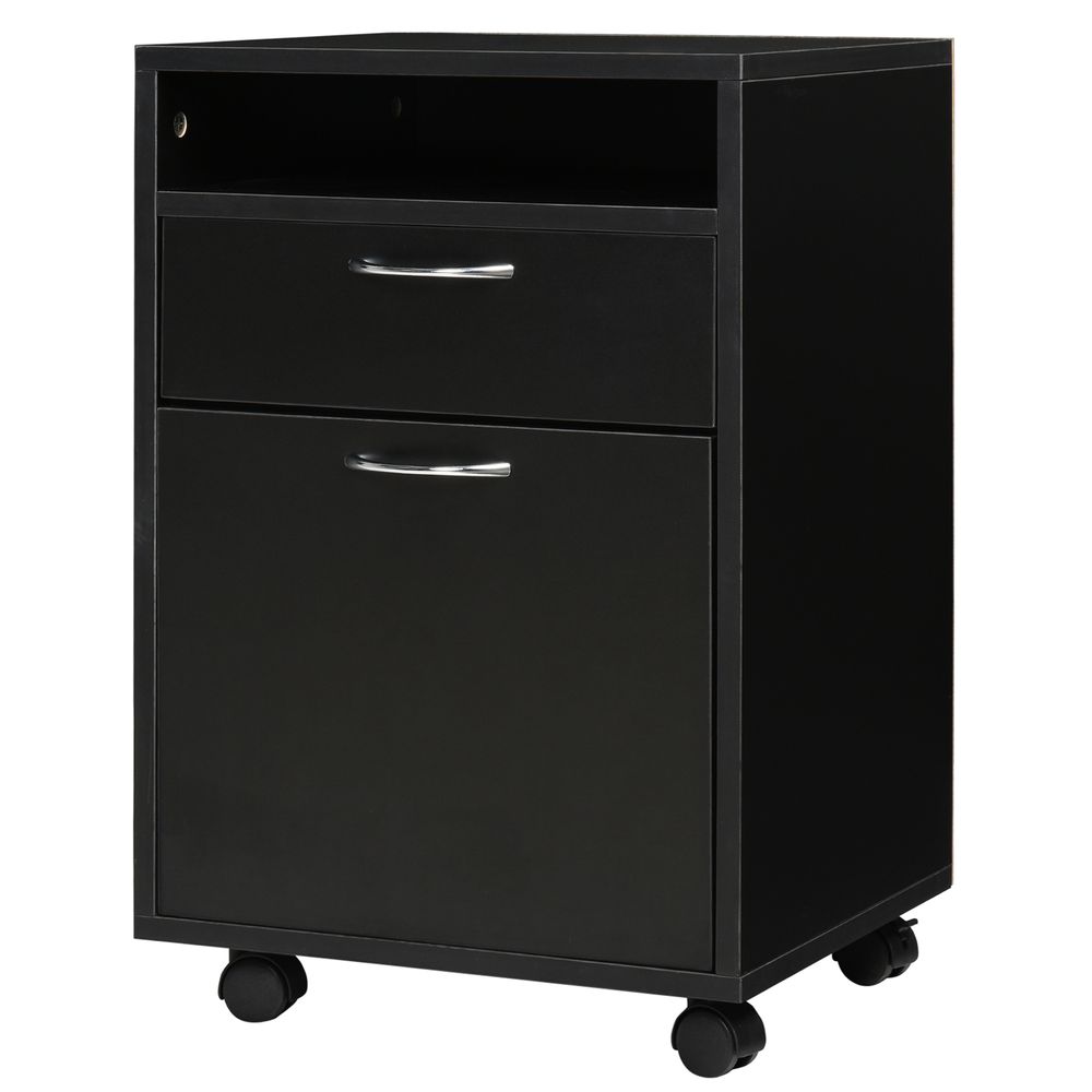 60cm Storage Cabinet w/Drawer Open Shelf Metal Handles 4 Wheels Office Home Organiser Mobile Printer Black