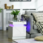White Bedside Table, High Gloss Front Nightstand w/ LED Light, 2 Drawers