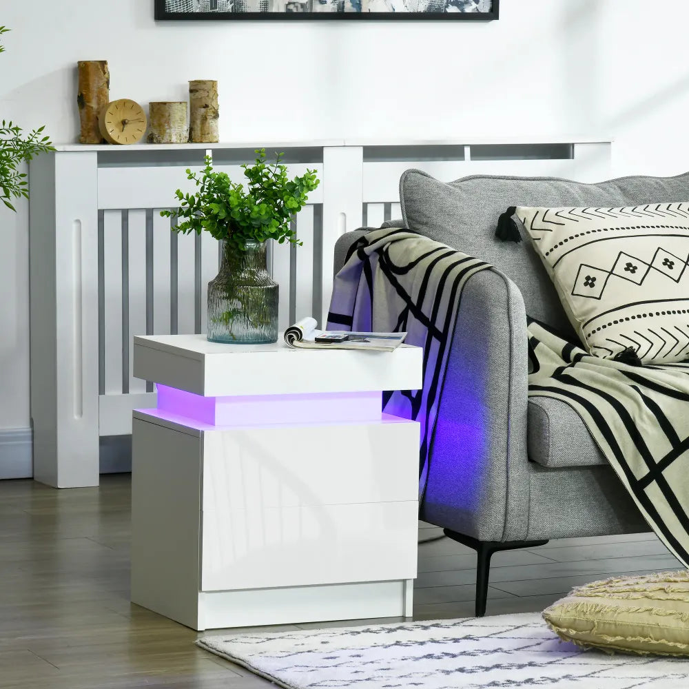 White Bedside Table, High Gloss Front Nightstand w/ LED Light, 2 Drawers