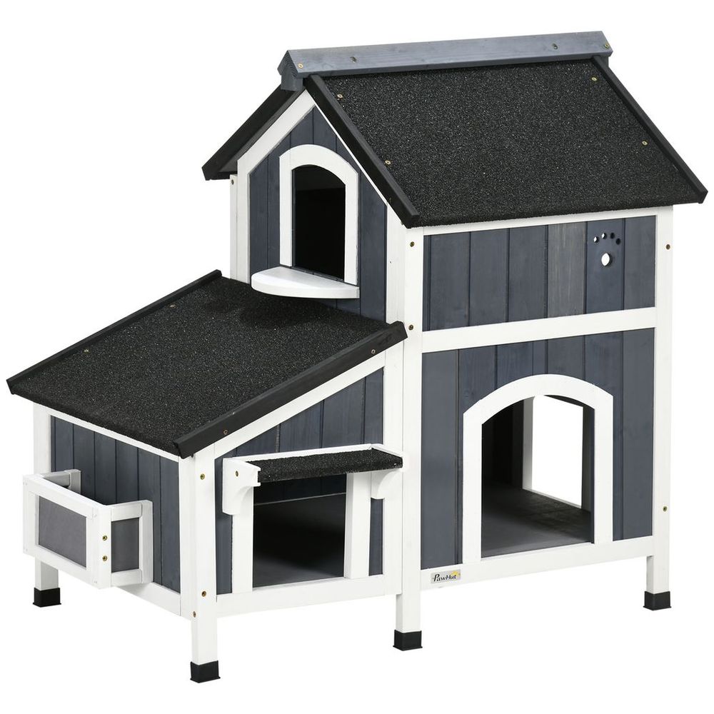 Wooden Cat House Outdoor w/ Flower Pot, Window, Multiple Entrances