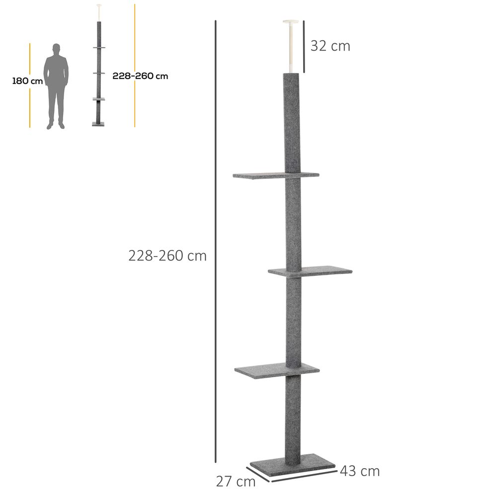 260cm Floor To Ceiling Cat Tree Kitten Tower Adjustable Height - Grey
