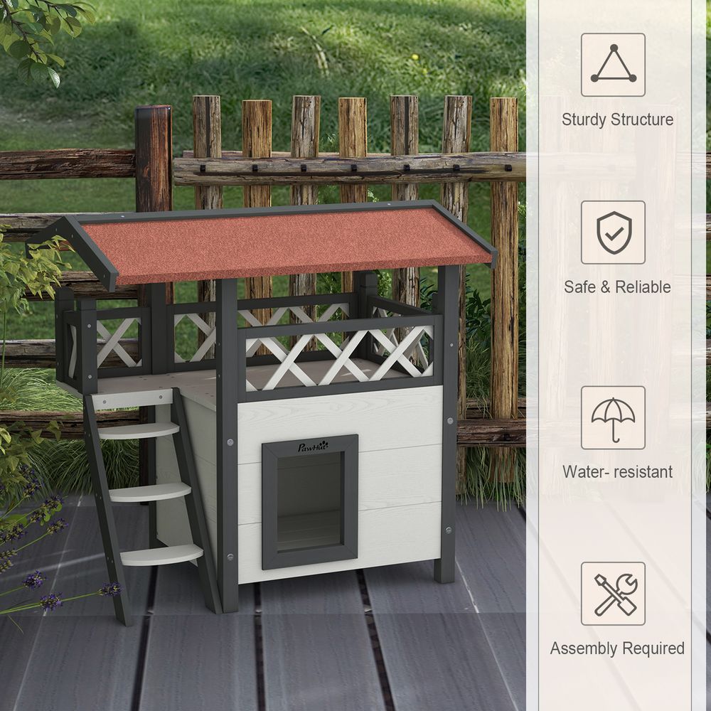 Outdoor Cat House w/ Stairs, Roof, & Balcony, White