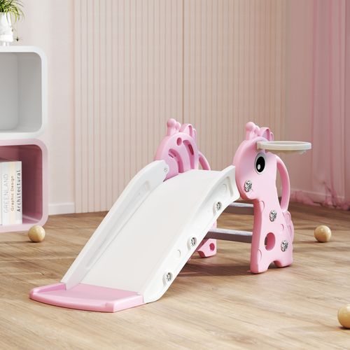3 in 1 Kids Slide with Climber, Basketball Hoop and Ball, Pink