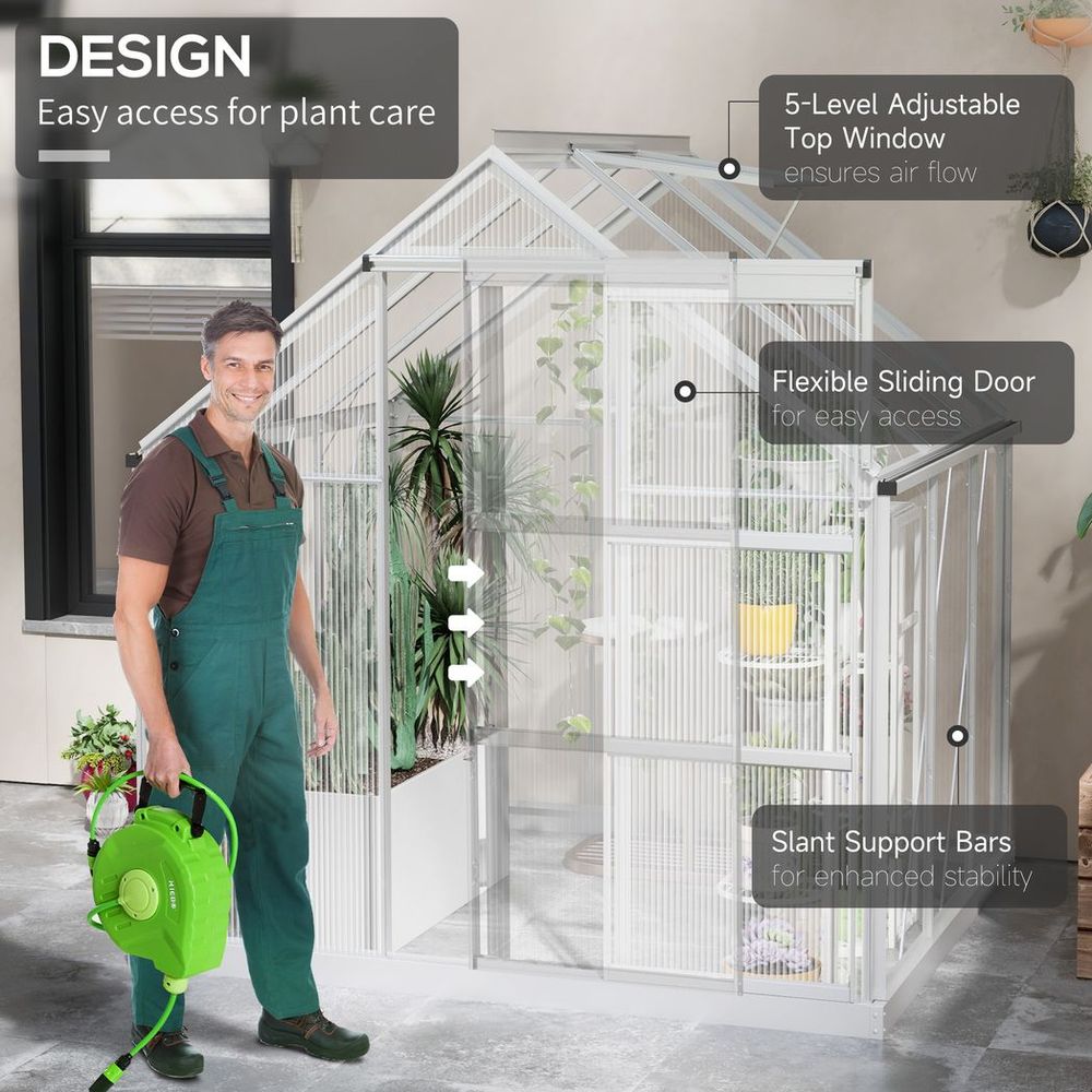 6 x 6ft Walk-In Polycarbonate Greenhouse with Foundation Window Silver