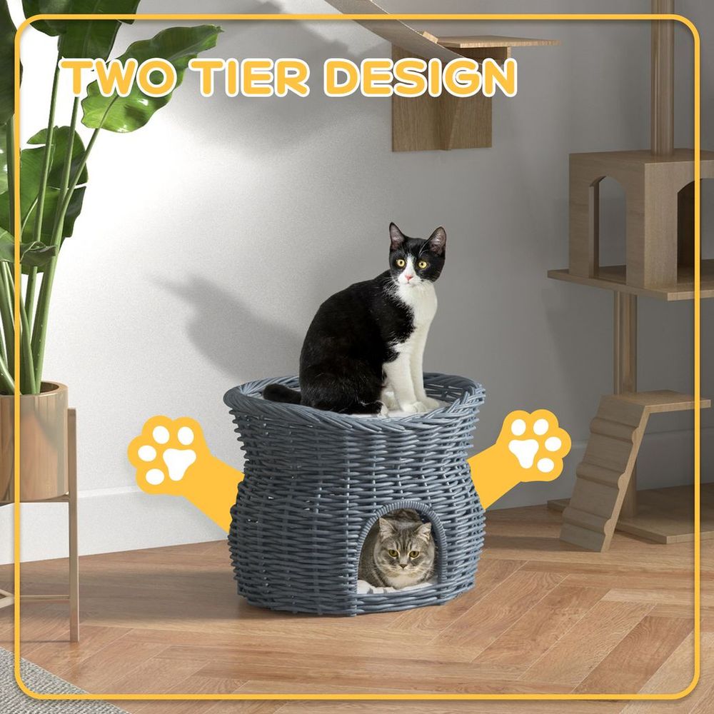 2-Tier Elevated Pet Cushion Bed Basket Willow Cat Tree House Condo Kennel
