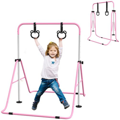Adjustable Height Foldable Kids Gymnastics Bar with Non-Slip Mats, Pink