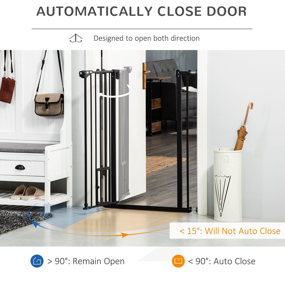 Extra Tall Dog Gate with Cat Flap, Pet Safety Gate for Doorways Stairs with Auto Close Double Locking, 104 cm Tall 74-80 cm Wide, Black