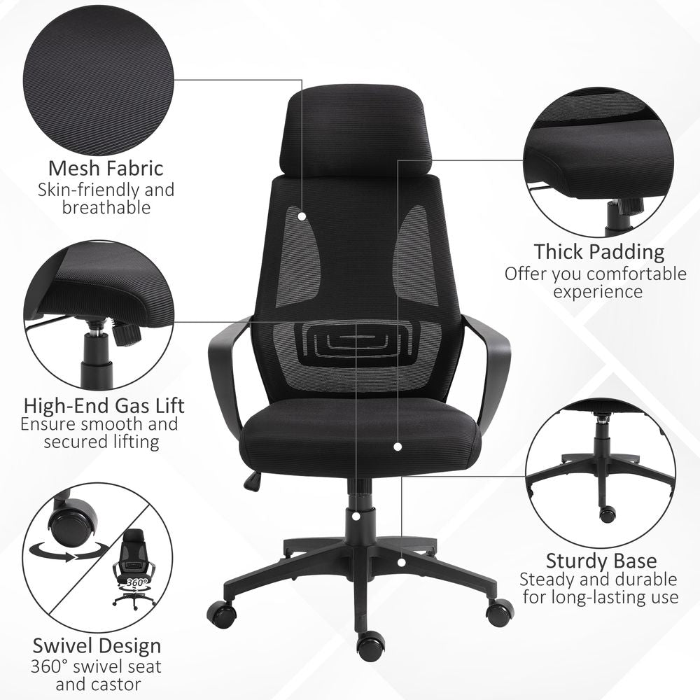 Mesh Back Office Chair - Adjustable Height & Padded Headrest - Comfortable - All Black