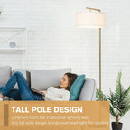 Floor Lamp, Modern Standing Light with Linen Lampshade, Round Base for Living Room, Bedroom, Dining Room, 153cm, Gold and White