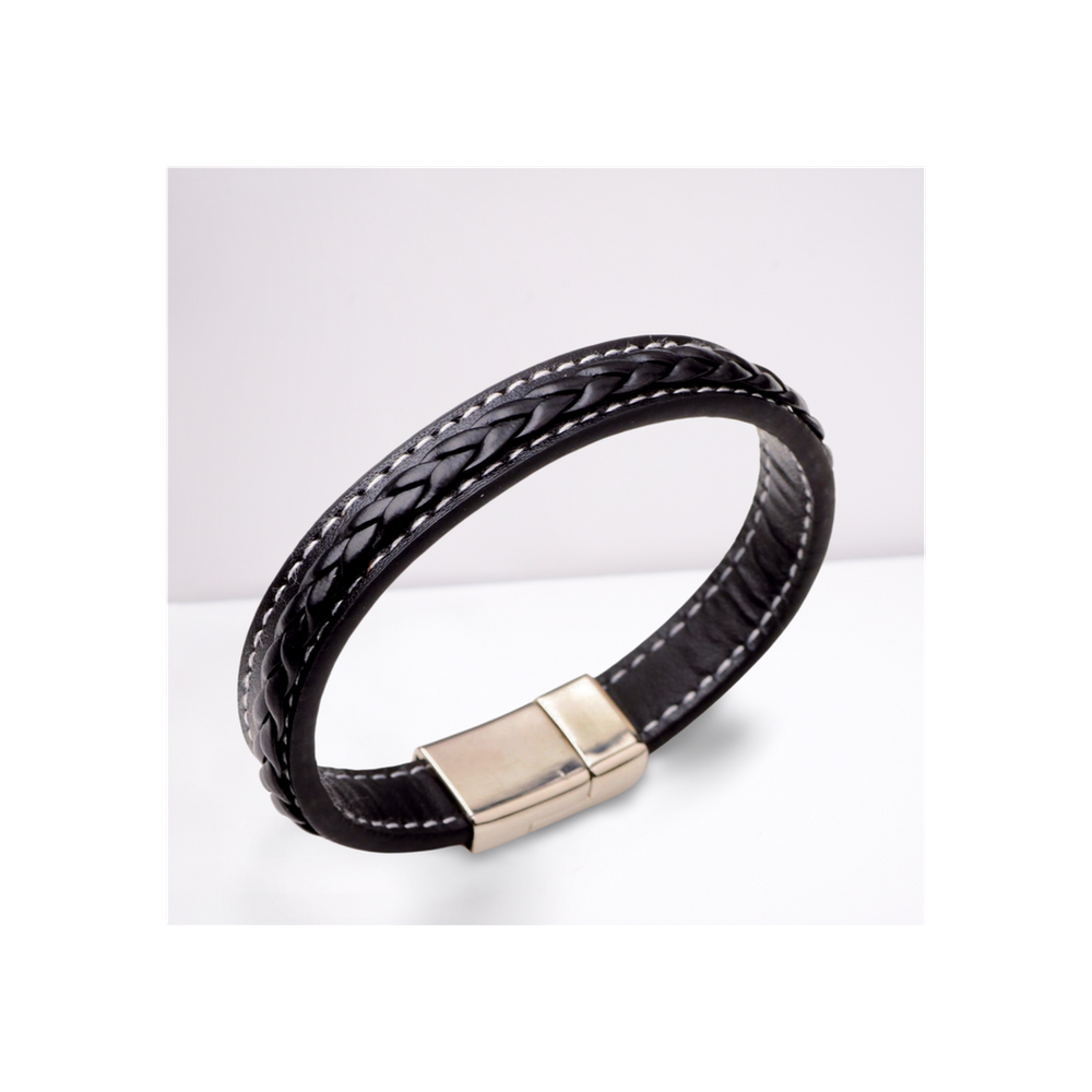 Black Leather Bracelet: Men's Faux, Magnetic Clasp, Great Gift Option