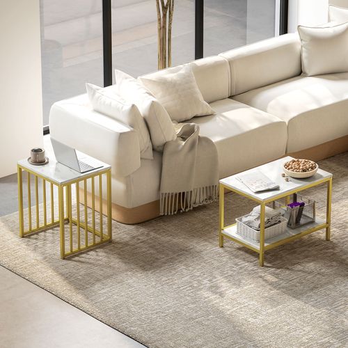 Modern Coffee Table Set of Two w/ Steel Frame Marble-Effect