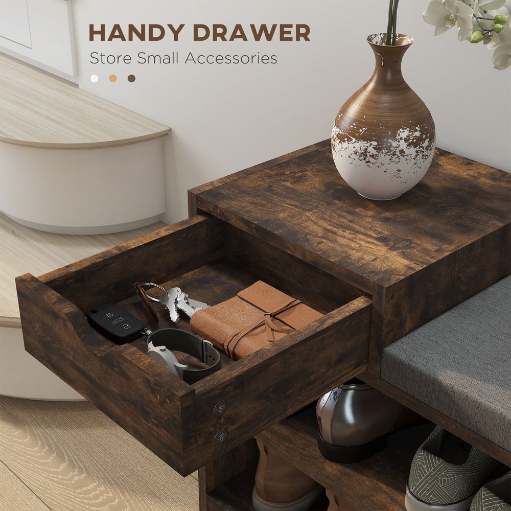 Upholstered Entryway Shoe Bench with Storage Drawer Open Shelf Brown