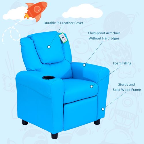 Kids Recliner, PU Leather Kids Armchair, Kids Chair, Toddler Armchair with Adjustable Backrest, Footrest, Padded Headrest, Cup Holder, Blue