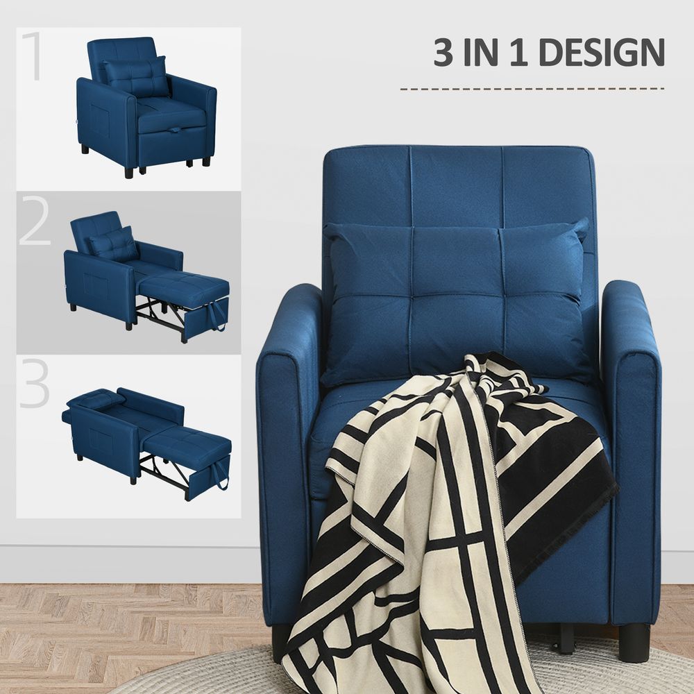 Pull Out Chair Bed, Sleeper Chair with Pillow, Side Pockets, Blue