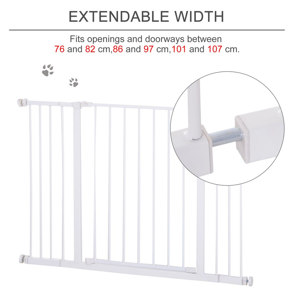 Dog Gate Pet Safety Gate Stair Barrier Pressure Fit Adjustable 76-82/86-97/101-107 cm, White