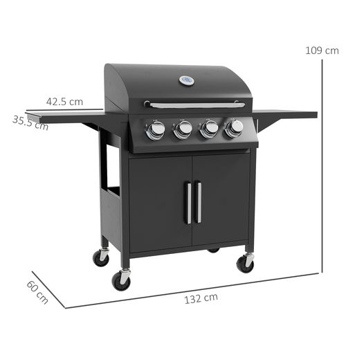 4 Burner Gas Grill Portable BBQ Trolley w/ 4 Wheels and Side Shelves