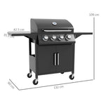 4 Burner Gas Grill Portable BBQ Trolley w/ 4 Wheels and Side Shelves