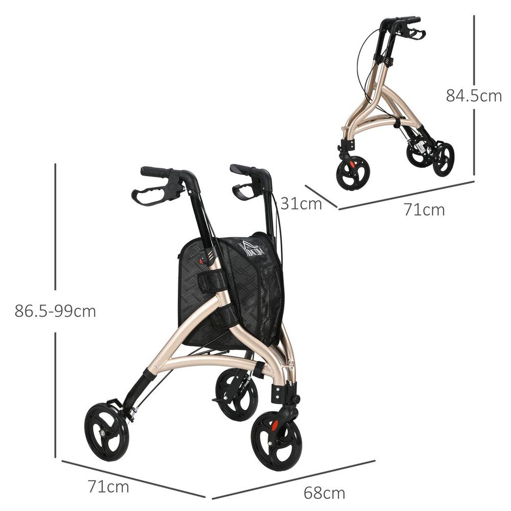 Lightweight Aluminium 3-Wheel Rollator with Adjustable Handle Storage Bag