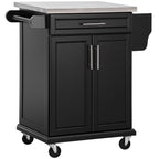 Wooden Kitchen Island on Wheels, Serving Cart Storage Trolley with Stainless Steel Top, Drawer, Side Handle and Rack, Black
