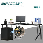 L-Shaped Computer Desk Table with Storage Drawer Home Office Corner Industrial Style Workstation for A4 Files 143.5 x 143.5 x 76cm, Black