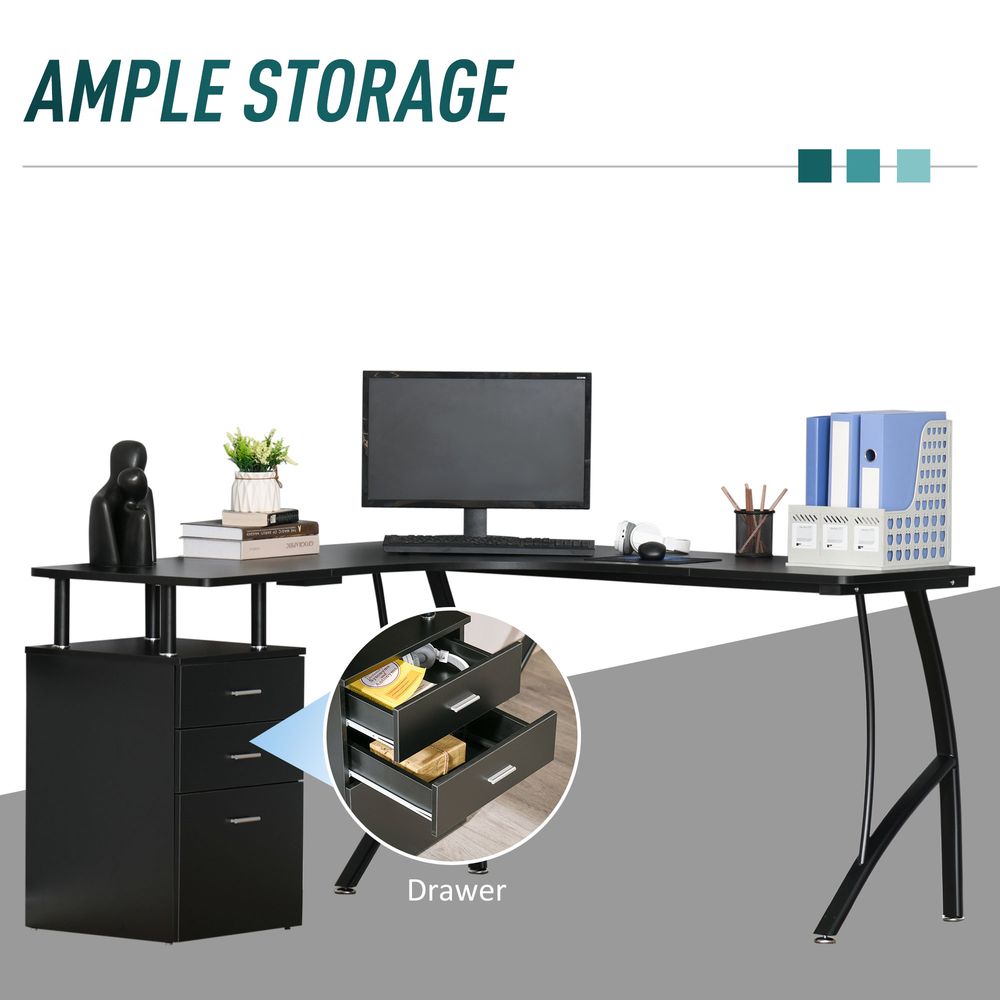 L-Shaped Computer Desk Table with Storage Drawer Home Office Corner Industrial Style Workstation for A4 Files 143.5 x 143.5 x 76cm, Black