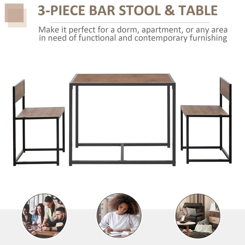 Stylish Steel Frame 2-Seater Bar Set - Durable & Functional - Ideal for Kitchen & Home - Wood Tone