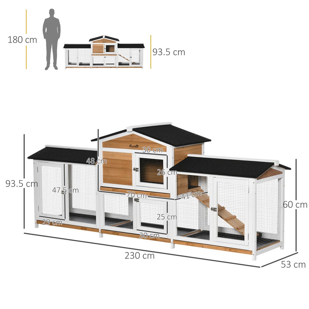 Large Rabbit Hutch Outdoor, 2-Tier Guinea Hutch, Wooden Bunny Run, Small Animal House with Double Side Run Boxes, No-leak Plastic Tray, Ramp, 230 x 53 x 93.5cm