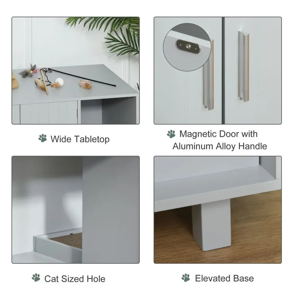 Stylish Grey Cat Box Furniture w/ Scratch, Magnetic Doors - Multipurpose Kitty Enclosure, Easy to Clean - !