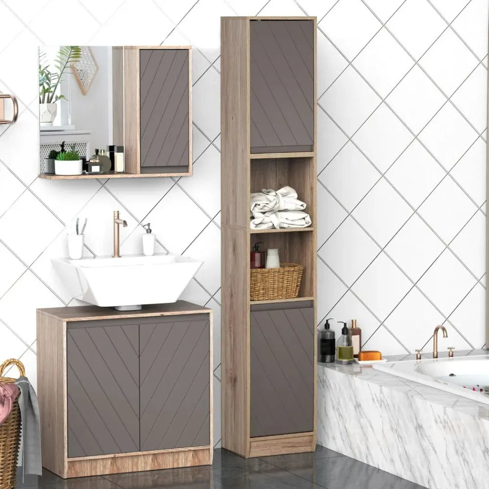 170cm Freestanding Storage Cabinet Slimline Unit w/ 2 Cupboards 2 Compartments
