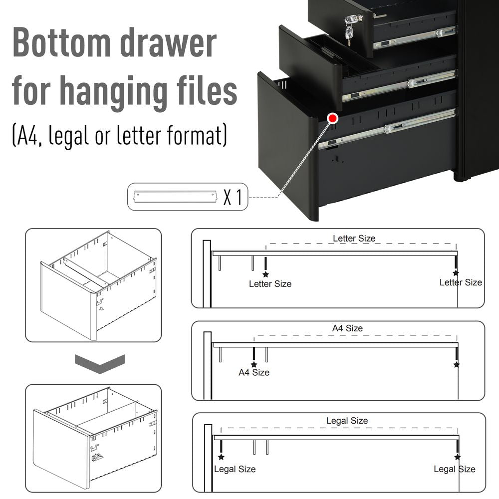 3 Draw Metal Filing Cabinet Lockable 4 Wheel Compact Under Desk Black