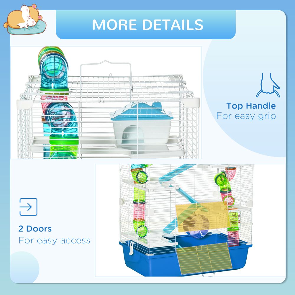 Hamster Cage with Tunnel Tube System, 5 Level Gerbil Haven with Water Bottle, Exercise Wheel, Food Dish, Ramps 59 cm x 36 cm x 69 cm - Blue