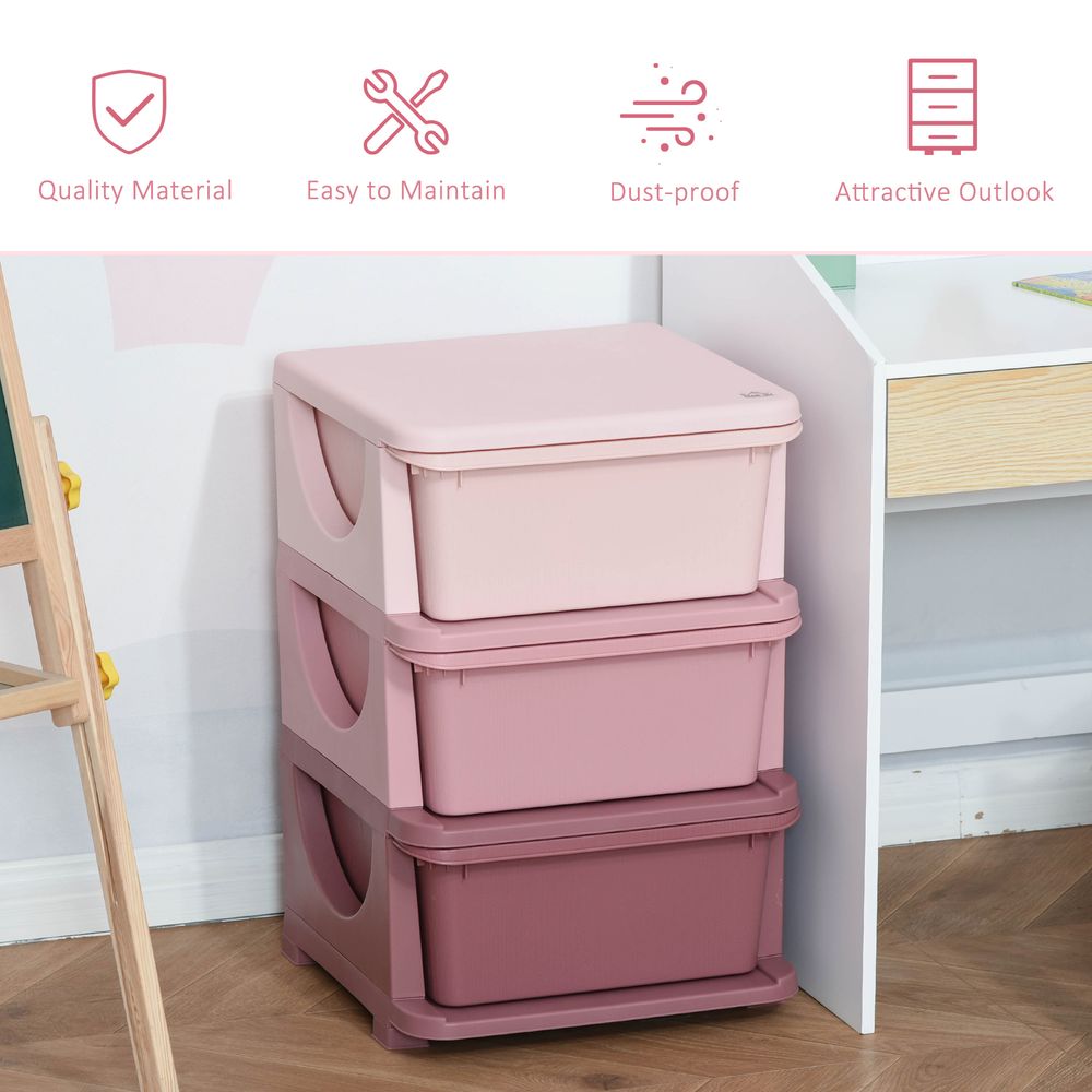 Kids Storage Units with 3 Drawers 3 Tier Chest Vertical Dresser Tower Toy Organizer for Nursery Playroom Kindergarten Pink