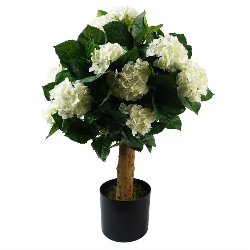 Artificial White Hydrangea Plant - 75cm Tall, Silk Flowers, Wood Trunk