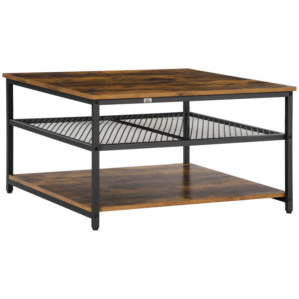 Coffee Table, Living Room Table with 3-Tier Storage Shelves, Square Tea Table for Home Office, Rustic Brown