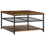 Coffee Table, Living Room Table with 3-Tier Storage Shelves, Square Tea Table for Home Office, Rustic Brown