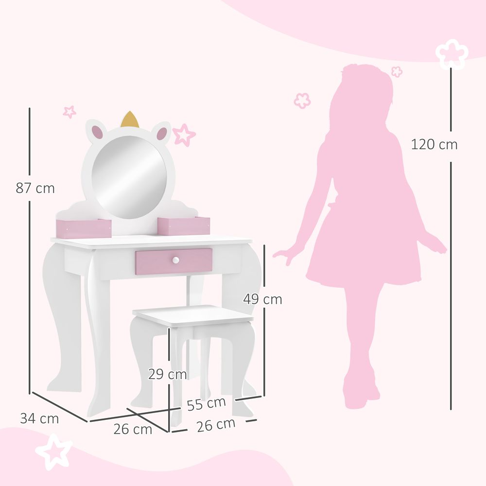 Kids Dressing Table with Mirror and Stool, Drawer, Storage Boxes - White