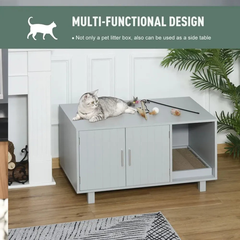 Stylish Grey Cat Box Furniture w/ Scratch, Magnetic Doors - Multipurpose Kitty Enclosure, Easy to Clean - !