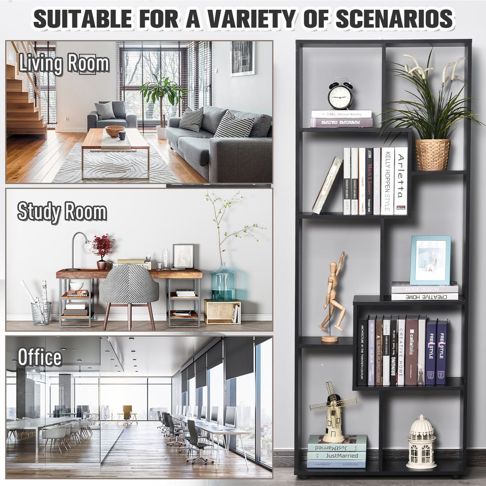 178cm 8-Shelf Bookcase Melamine Black Foot Pads - Multipurpose 8-Grid