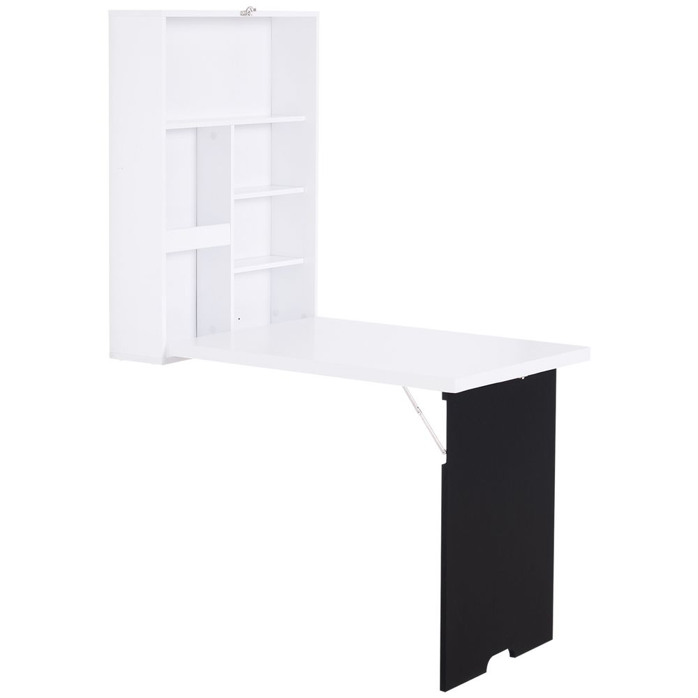 Space-Saving White Wall-Mounted Desk - Fold-Out Convertible Office Table with Chalkboard Shelf