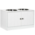 Raised Dog Bowls for Large Dogs Pet Feeding Station w/Stand, Storage, Two Stainless Steel Bowls - White