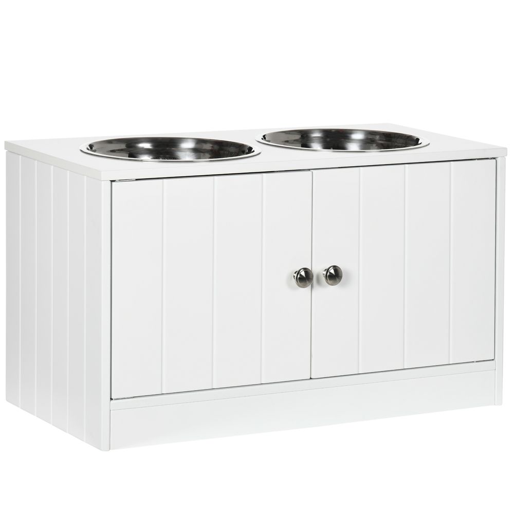 Raised Dog Bowls for Large Dogs Pet Feeding Station w/Stand, Storage, Two Stainless Steel Bowls - White