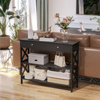 Console Table Side Desk w/Shelves Drawers Open Top X Support Frame Living Room Hallway Home Office Furniture Black