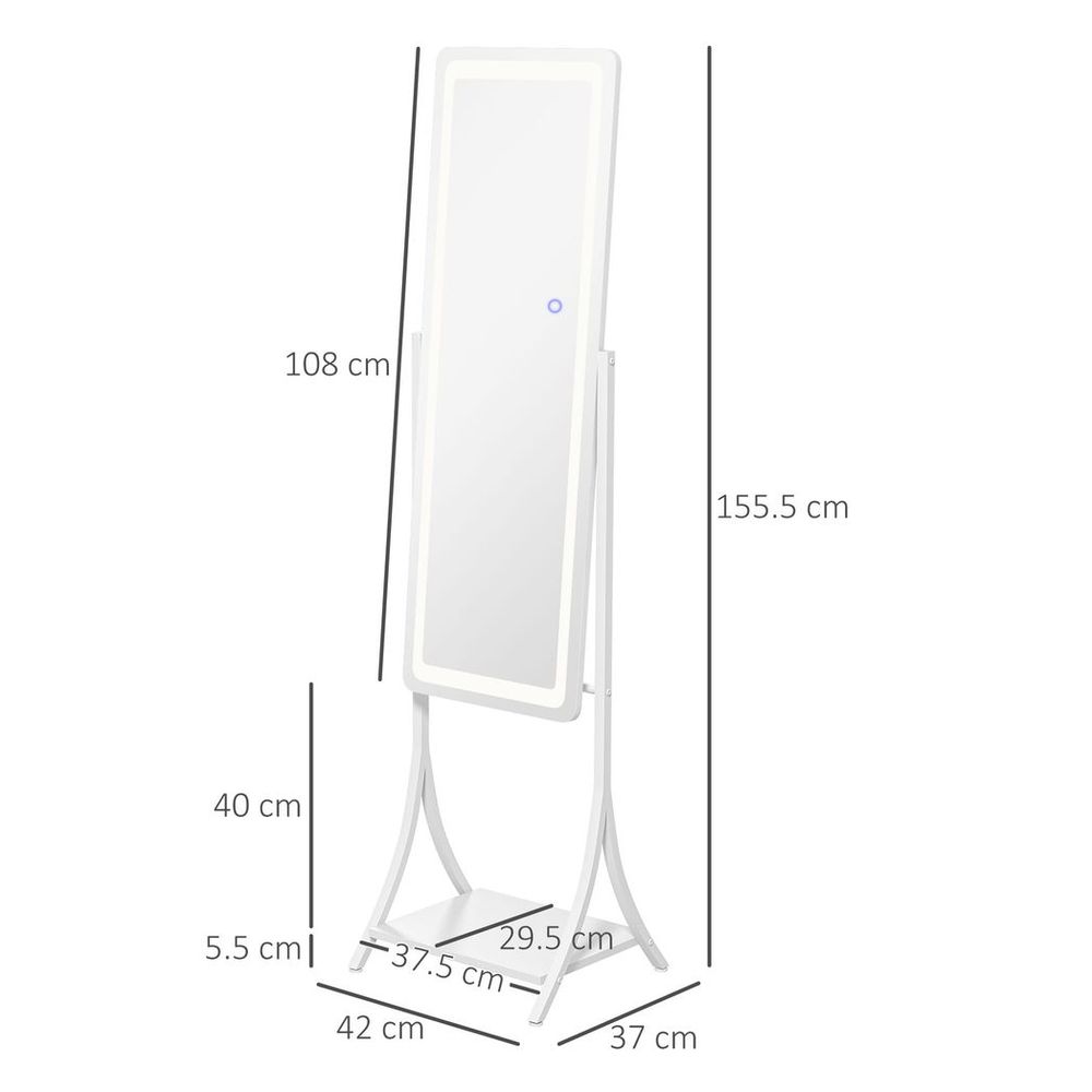 LED Lighted Full Length Mirror, Floor Standing Mirror with Storage Shelf