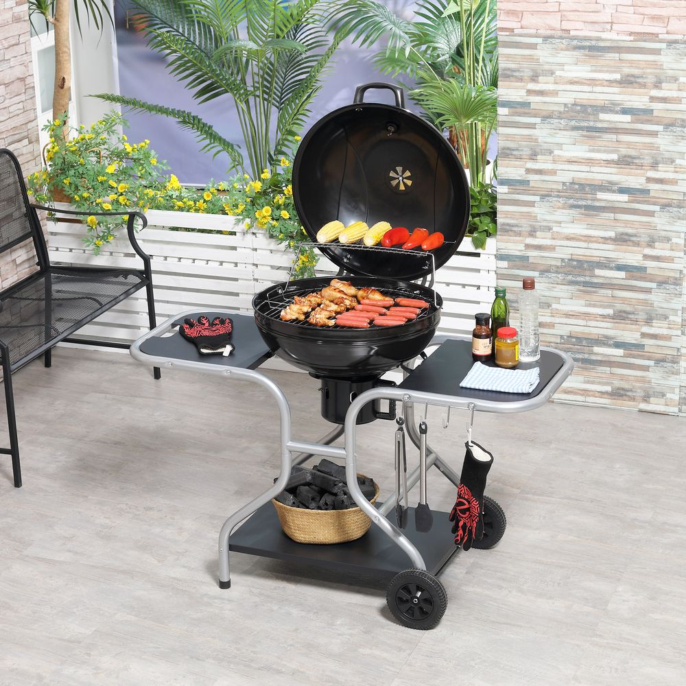 Garden Trolley BBQ Grill - Black - High-Temperature Enamel - Portable & Spacious - Ideal for Outdoor Grilling